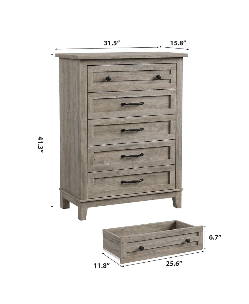 gaomon 5-Drawer Grey Freestanding Wooden Chest, 41.3" Tall, Vertical Dresser for Living Room, Bedroom, Entryway