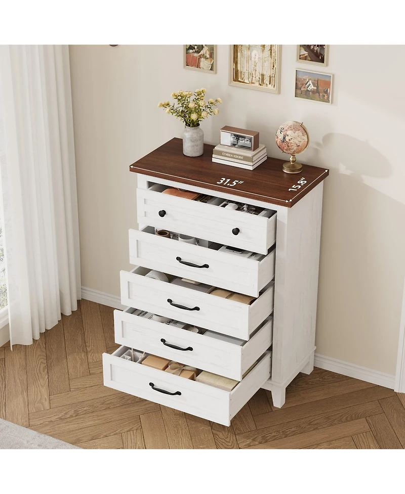gaomon 5-Drawer White Freestanding Wooden Chest, 41.3" Tall, Brown Top, Vertical Dresser for Living Room, Bedroom