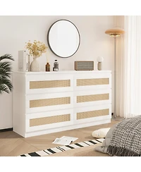 gaomon Rattan 6 Drawer Dresser for Bedroom, Modern Double Dresser with Anti-Tip Kit, Chest Organizer