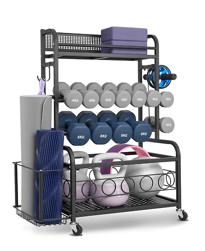 Mecale Yoga Mat Storage Rack, Steel Organizer with Hooks and Wheels for Dumbbells, Kettlebells and Fitness Accessories