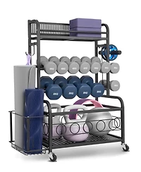 Mecale Yoga Mat Storage Rack, Steel Organizer with Hooks and Wheels for Dumbbells, Kettlebells and Fitness Accessories