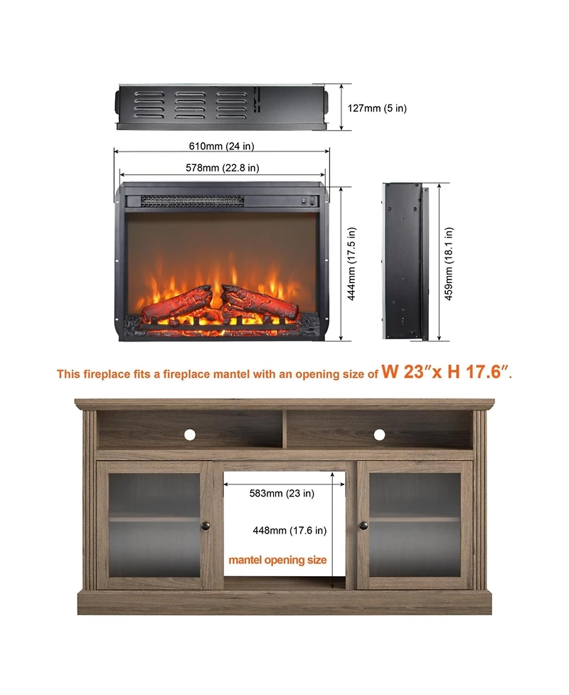 Flynama 23 inch Realistic Log Flame Led Overheat Protection Csa Ul Certified Electric Fireplace Insert Heater