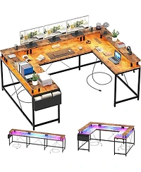 gaomon 78" U-Shaped Computer Desk with Power Outlets & Rgb Led, Reversible L-Shaped Home Office Desk with Storage