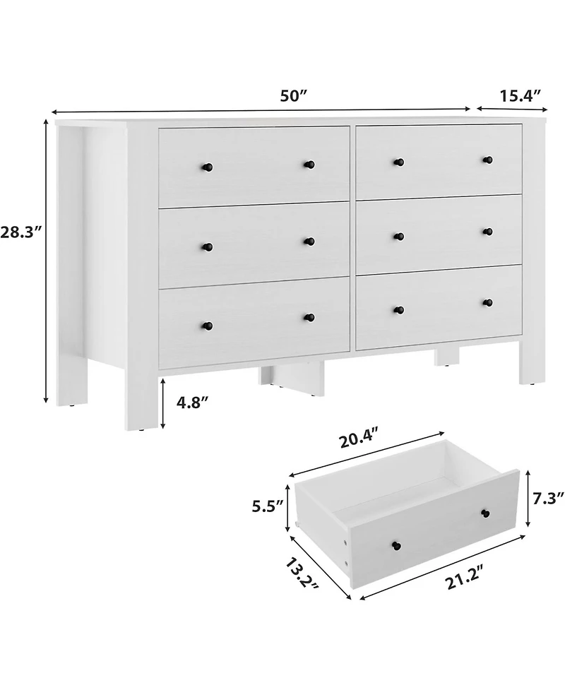 gaomon 6-Drawer White Modern Dresser, Large Chest, Deep Drawers, Metal Knobs, Double Storage for Kids Bedroom, Entryway, Hallway