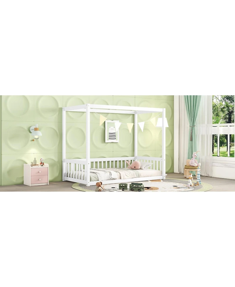 Simplie Fun Twin Size Canopy Frame Floor Bed with Fence, Guardrails, White