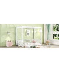 Simplie Fun Twin Size Canopy Frame Floor Bed with Fence, Guardrails, White