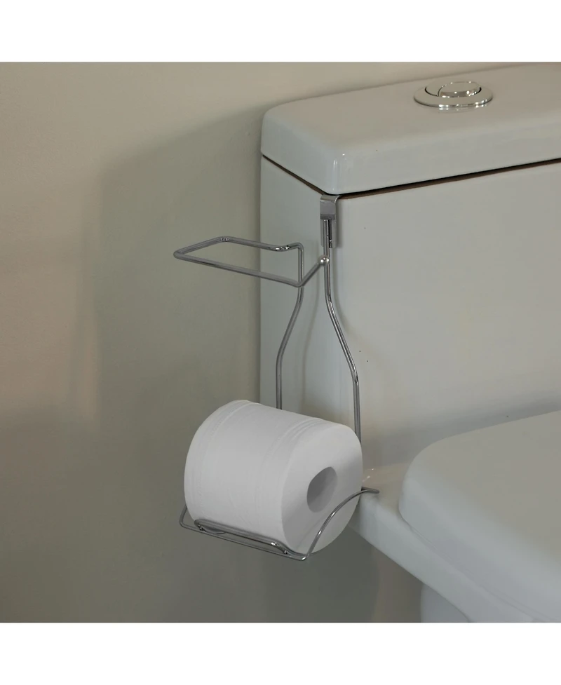Basicwise Chrome Over the Tank 2 Slots Toilet Tissue Paper Holder Organizer for Bathroom Storage