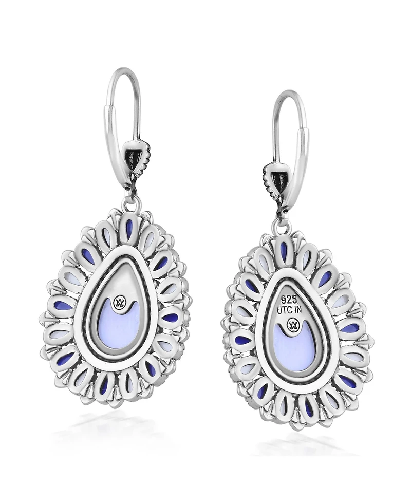 American West Jewelry Sterling Silver Blue Lace Agate, Sodalite, and White Agate Cluster Pear Shaped Dangle Earrings