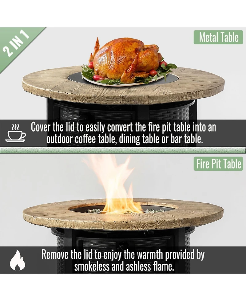 Boyel Living 30" Propane Gas Fire Pit Table, 50000 Btu Round Steel Fire Pit with Imitation Wood Grain Finish for Outside Patio Deck Garden