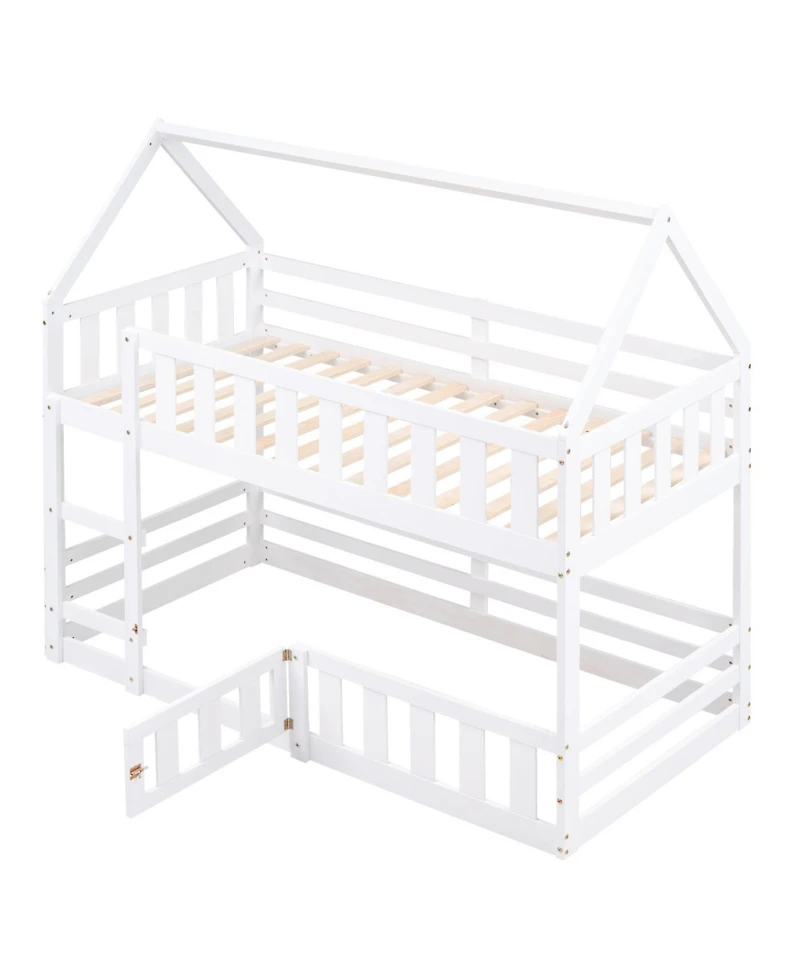 Streamdale Twin over Twin House Bunk Bed with Fence and Door, White