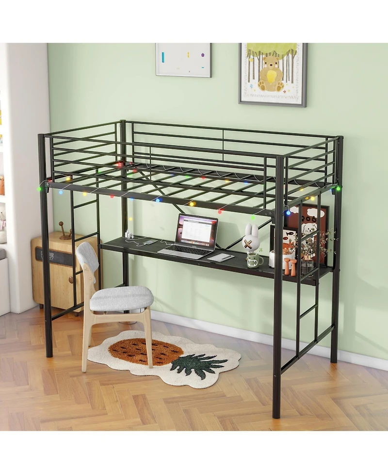 Streamdale Furniture Twin Loft Bed with Desk, Power Outlet, Led Lights