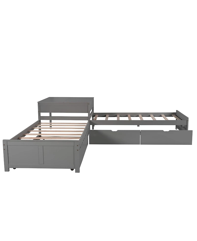 Streamdale Furniture Twin L-Shaped Platform Bed with Trundle, Drawers & Desk