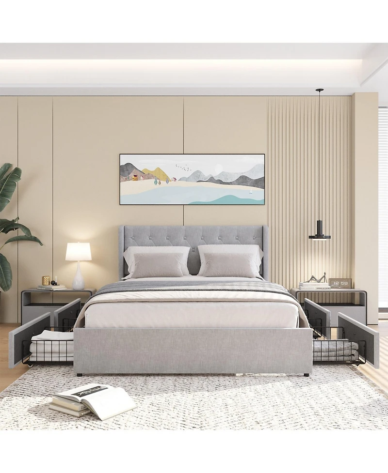 Streamdale Furniture Queen Size Bed Frame with 4 Storage Drawers and Wingback Headboard, Button Tufted Design, Light Grey