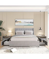 Streamdale Furniture Queen Size Bed Frame with 4 Storage Drawers and Wingback Headboard, Button Tufted Design, Light Grey