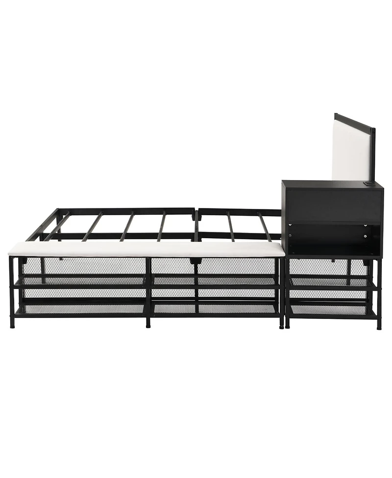 Streamdale Furniture Metal Platform Bed with Two-Tier Storage Shelves, Wooden Cabinet