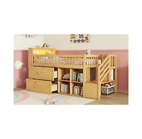 Streamdale Furniture Twin Loft Bed Wood (NaturalStreamdale Furniture Twin Loft Bed Wood (Natural Finish) Led, Bookshelf, Stairs, Drawers, Shelves Bed