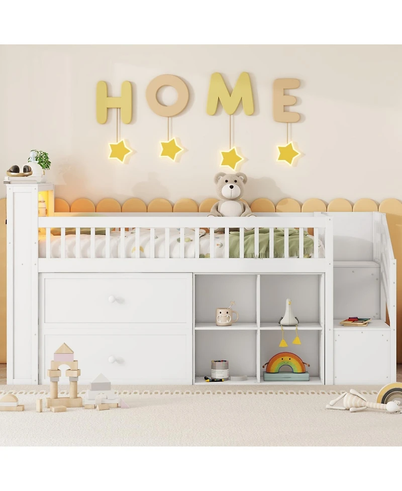 Streamdale Furniture Twin Loft Bed with Led, Bookshelf, Stairs, Drawers, Shelves