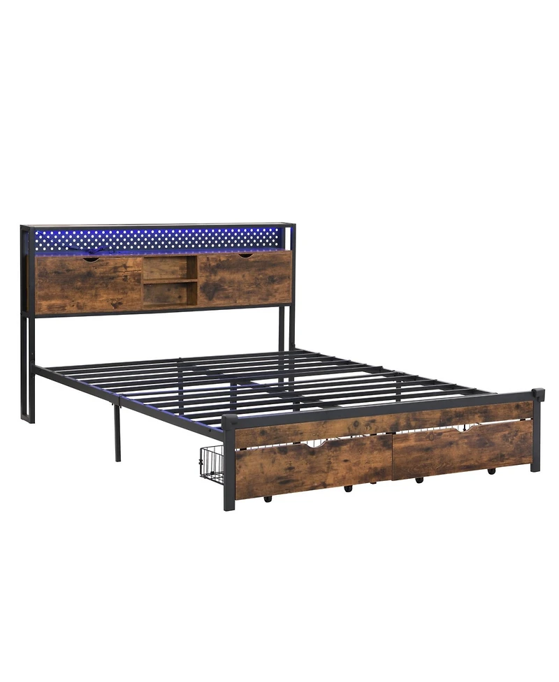 Streamdale Furniture Queen Metal Platform Bed Frame with Headboard, Led Lights, Storage, Usb Charger