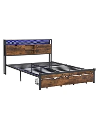 Streamdale Furniture Queen Metal Platform Bed Frame with Headboard, Led Lights, Storage, Usb Charger