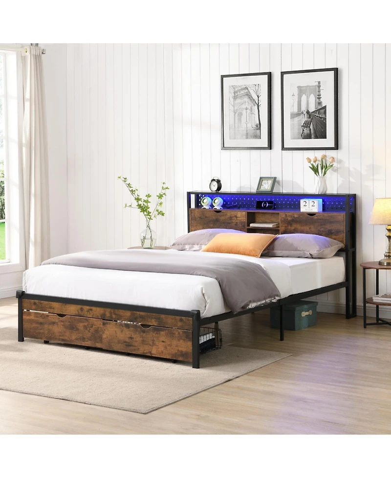 Streamdale Furniture Metal Platform Bed with Usb, Charging Station, Storage, Led Lights