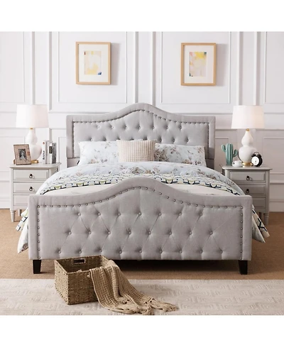 Streamdale Furniture Queen Platform Bed Frame with Arched Nailhead Headboard, No Box Spring Needed
