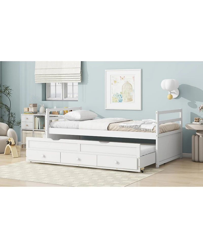 Streamdale Furniture Twin Pine Bed with Headboard, Footboard, Trundle & Storage Drawers