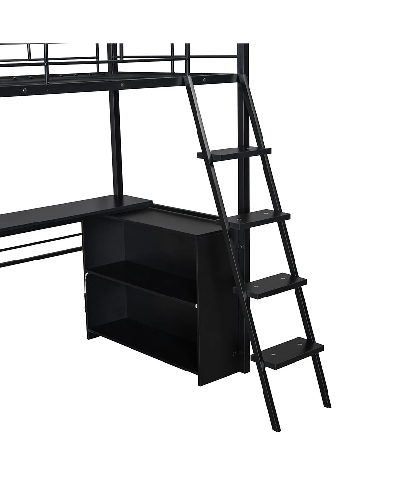 Streamdale Furniture Metal Loft Bed with Led, Desk and 4 Storage Shelves,