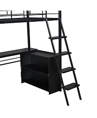 Streamdale Furniture Metal Loft Bed with Led, Desk and 4 Storage Shelves,