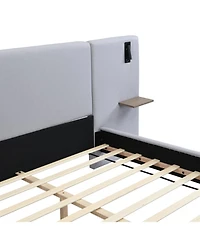 Streamdale Furniture Chic Linen Upholstered Bed with Integrated Lights and Shelves Queen
