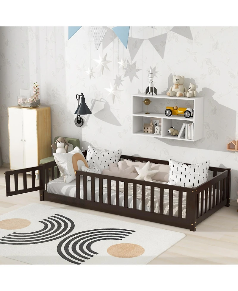 Streamdale Furniture Twin Espresso Floor Bed with Fence & Door