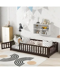 Streamdale Furniture Twin Espresso Floor Bed with Fence & Door