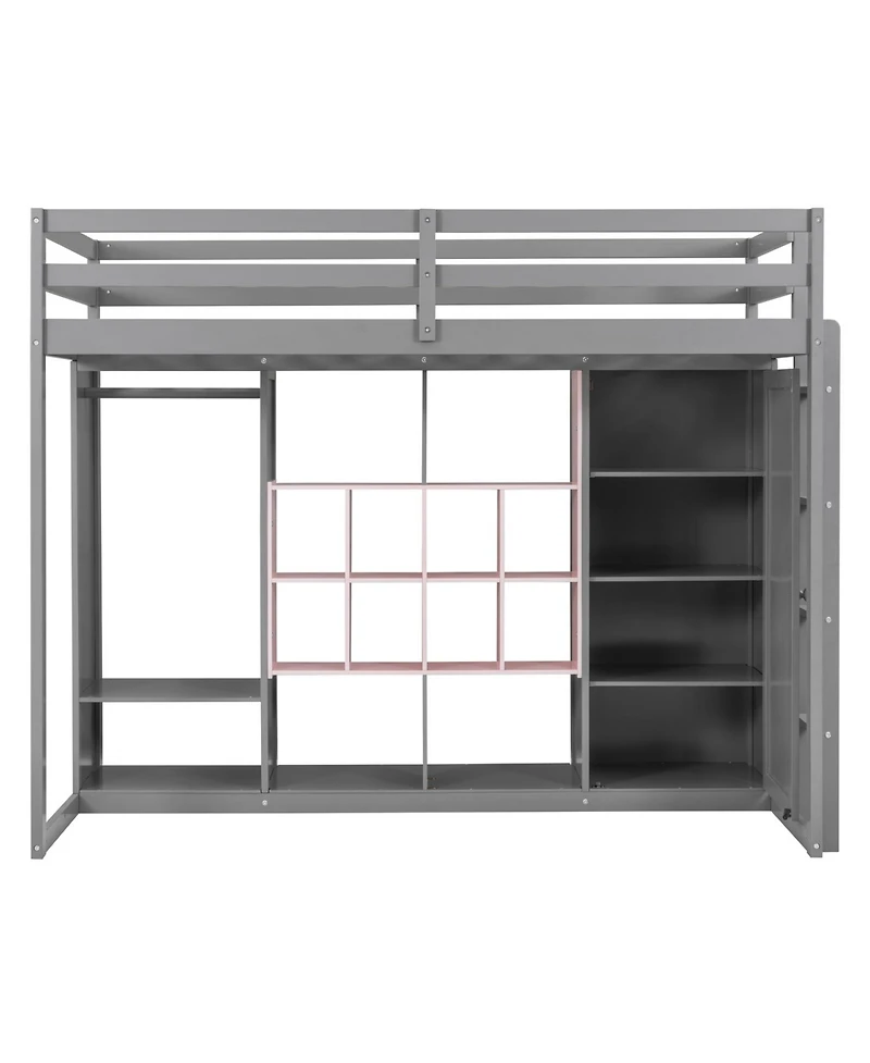 Streamdale Furniture Twin Size Wood Loft Bed with Wardrobe, shelves and Cabinet