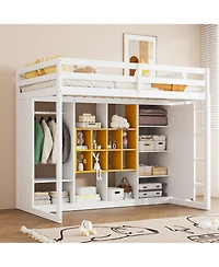 Streamdale Furniture Twin Size Wood Loft Bed with Wardrobe, shelves and Cabinet