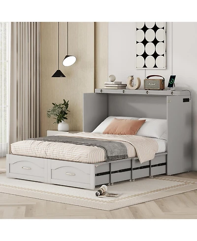 Streamdale Furniture Murphy Bed with Drawer, Usb Ports, Pulley Design - Gray