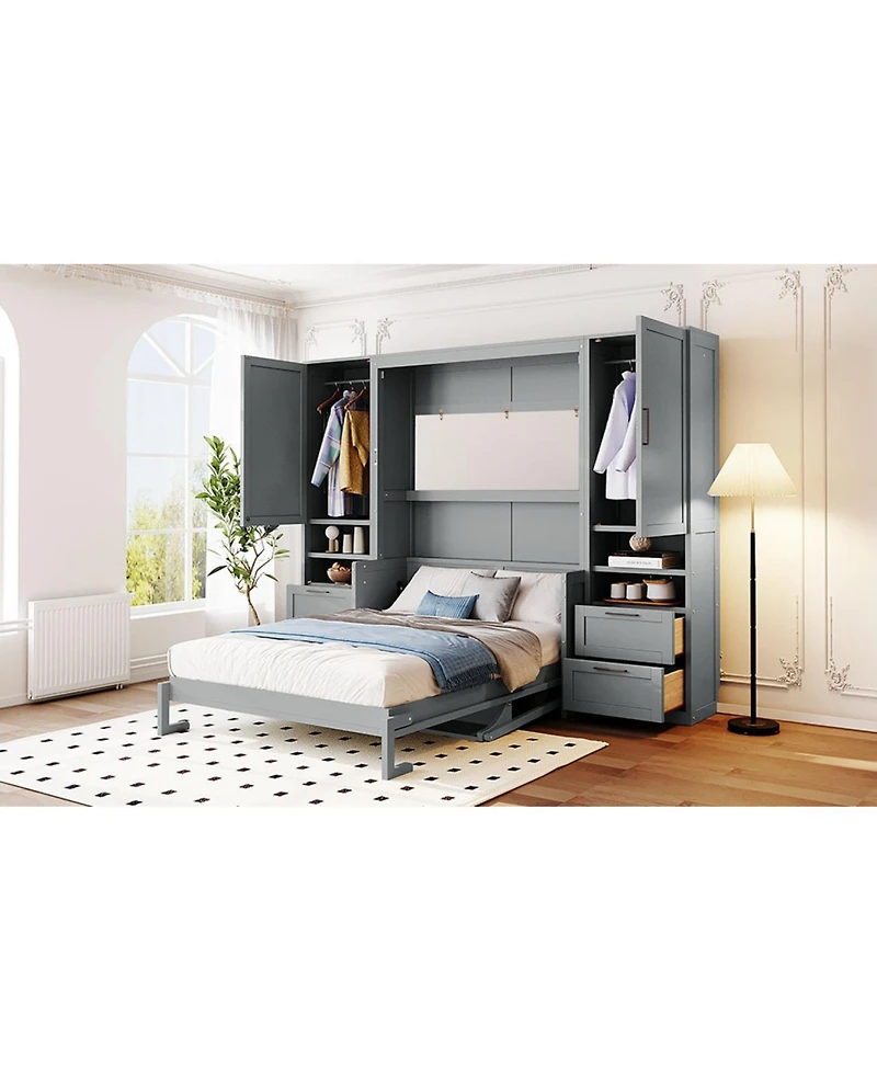 Streamdale Furniture Full Size Murphy Bed Wall Bed with Closet ,Drawers and Shelves, Gray