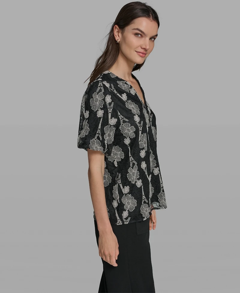 Karl Lagerfeld Paris Women's Popover Lace Short-Sleeve Top