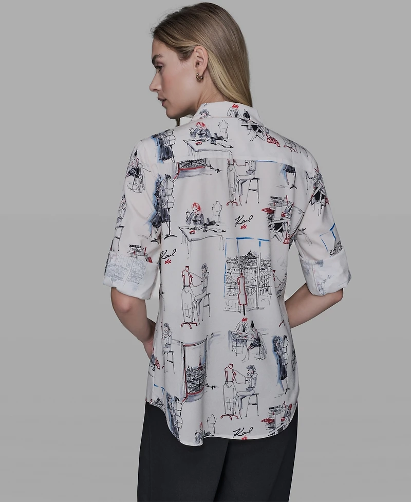 Karl Lagerfeld Paris Women's Printed Button-Front Blouse