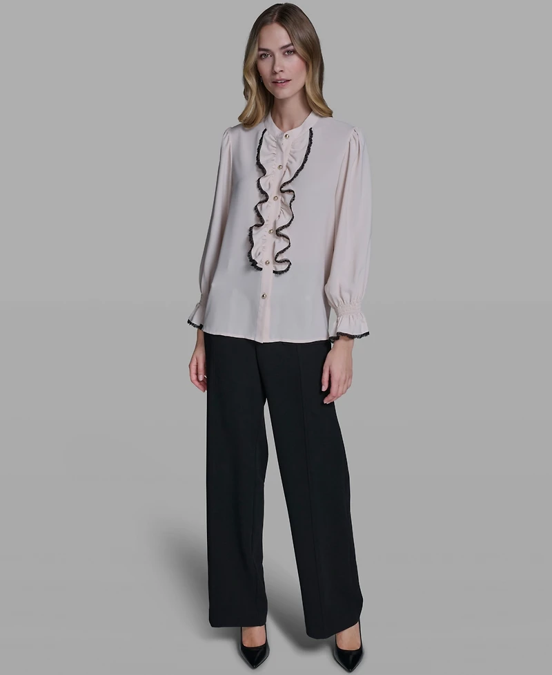 Karl Lagerfeld Paris Women's Ruffle Lace Trim Long-Sleeve Blouse