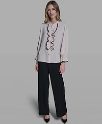 Karl Lagerfeld Paris Women's Ruffle Lace Trim Long-Sleeve Blouse