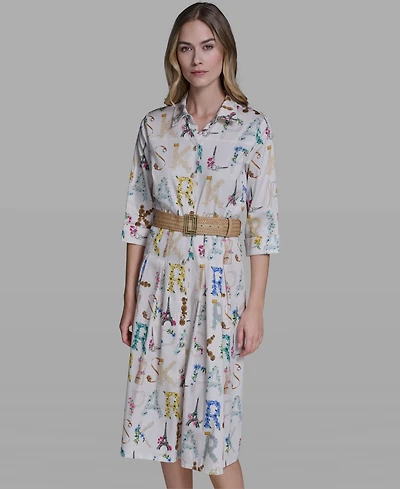 Karl Lagerfeld Paris Women's Allover Print Belted Collared Shirt Dress