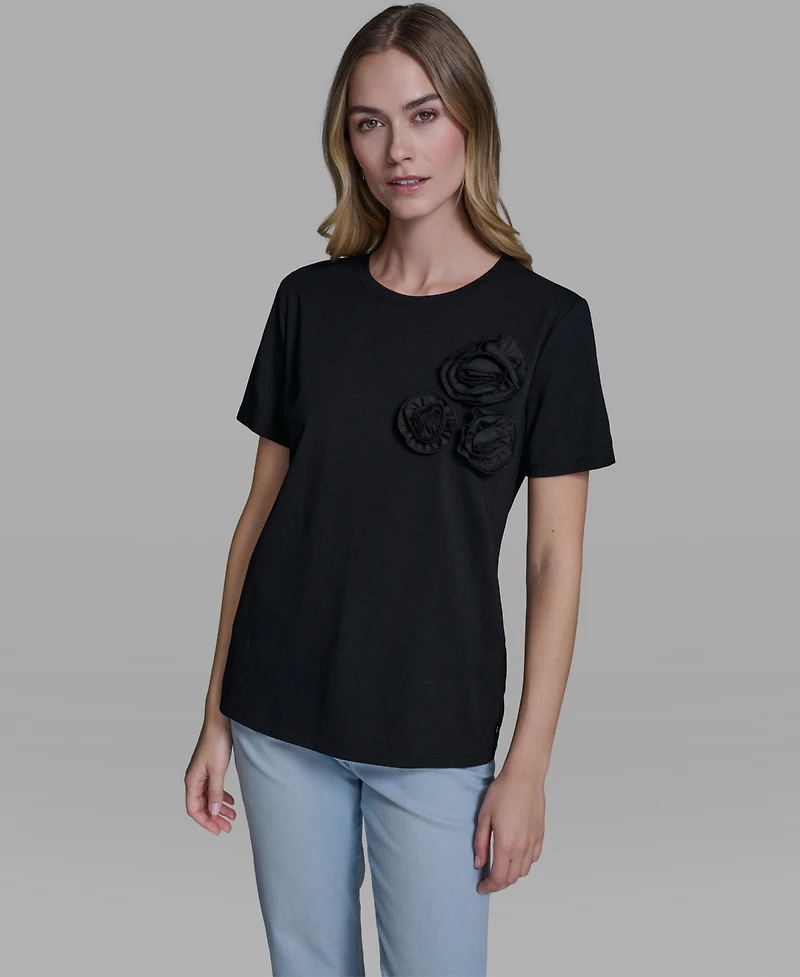 Karl Lagerfeld Paris Women's Rose Trim Knit Crewneck Top