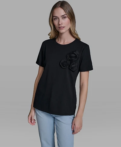 Karl Lagerfeld Paris Women's Rose Trim Knit Crewneck Top