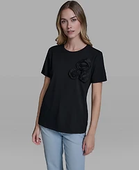 Karl Lagerfeld Paris Women's Rose Trim Knit Crewneck Top