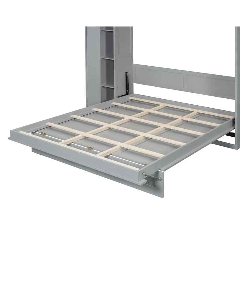 Streamdale Furniture Queen Size Murphy Bed Wall Bed with Shelves, Wardrobe and Led Lights,Gray