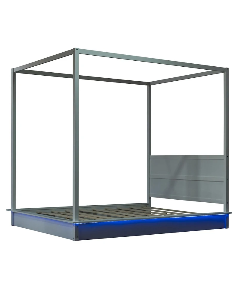 Streamdale Furniture Queen Wood Led Canopy Bed, Platform, No Box Spring
