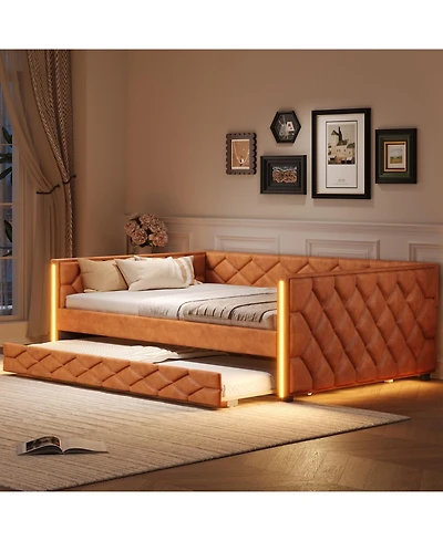 Streamdale Furniture Full Xl Size Upholstered Daybed with Trundle and Led