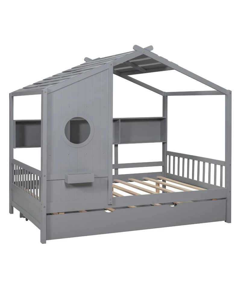 Streamdale Furniture Wooden Full Size House Bed with Trundle & Shelf