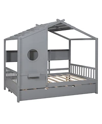 Streamdale Furniture Wooden Full Size House Bed with Trundle & Shelf