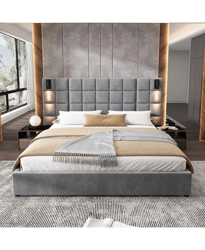 Streamdale Furniture California King Upholstered Bed Frame, Sconce, Usb, Velvet, Gray