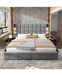 Streamdale Furniture California King Upholstered Bed Frame, Sconce, Usb, Velvet, Gray
